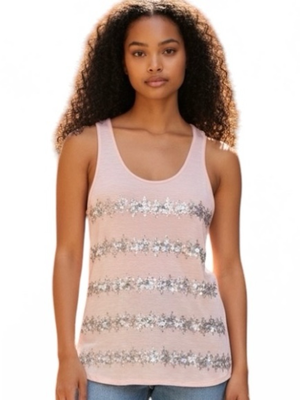 INC International Concepts Pink Sequin Stripe Tank Top, Size M